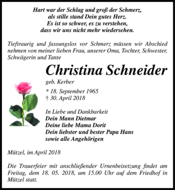 Traueranzeige von Christina Schneider (geb. Kerber)  von Magdeburger Volksstimme