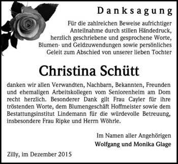 Traueranzeige von Christina Schütt  von Magdeburger Volksstimme