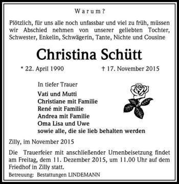 Traueranzeige von Christina Schütt  von Magdeburger Volksstimme