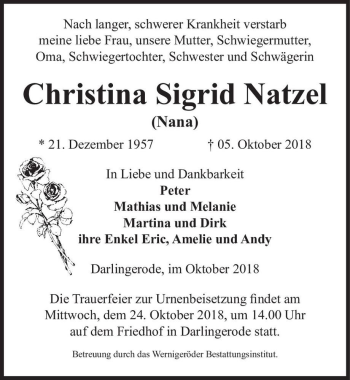 Traueranzeige von Christina Sigrid Natzel (Nana)  von Magdeburger Volksstimme