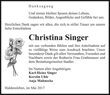 Traueranzeige von Christina Singer  von Magdeburger Volksstimme