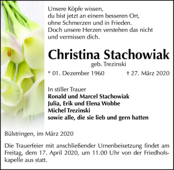 Traueranzeige von Christina Stachowiak (geb. Trezinski)  von Magdeburger Volksstimme