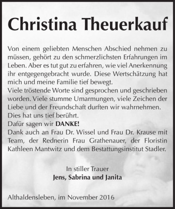 Traueranzeige von Christina Theuerkauf  von Magdeburger Volksstimme