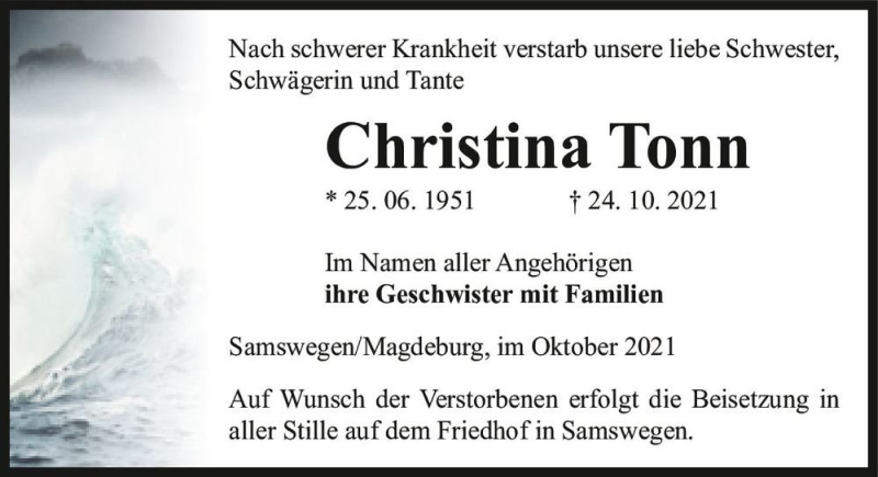  Traueranzeige für Christina Tonn  vom 30.10.2021 aus Magdeburger Volksstimme