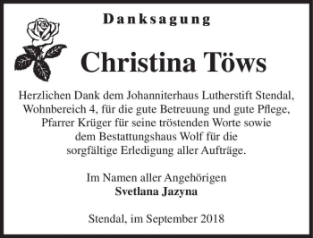 Traueranzeige von Christina Töws  von Magdeburger Volksstimme