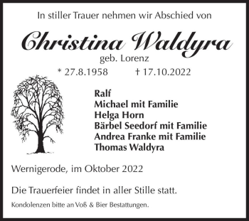 Traueranzeige von Christina Waldyra (geb. Lorenz)  von Magdeburger Volksstimme