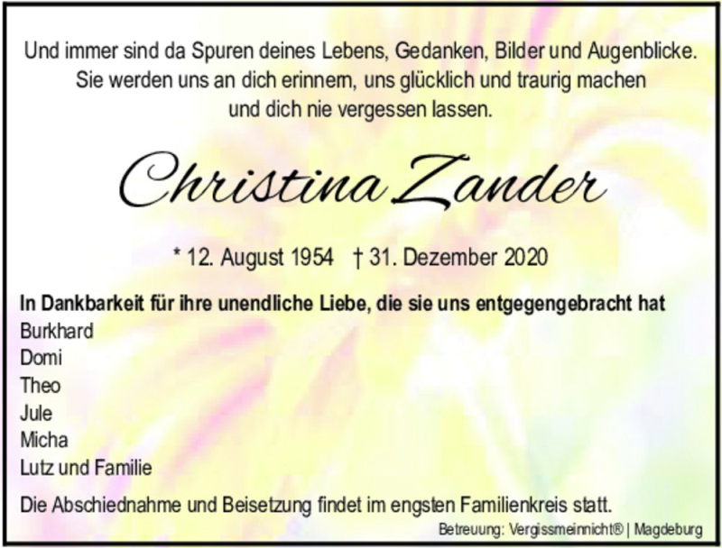  Traueranzeige für Christina Zander  vom 09.01.2021 aus Magdeburger Volksstimme