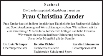 Traueranzeige von Christina Zander  von Magdeburger Volksstimme