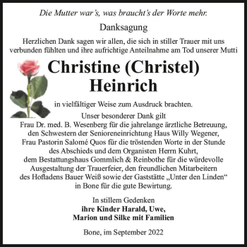 Traueranzeige von Christine (Christel) Heinrich  von Magdeburger Volksstimme