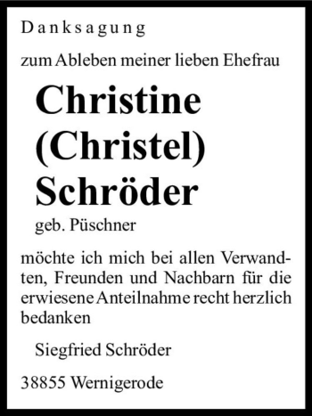 Traueranzeige von Christine (Christel) Schröder (geb. Püschner)  von Magdeburger Volksstimme