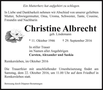 Traueranzeige von Christine Albrecht (geb. Lindemann)  von Magdeburger Volksstimme