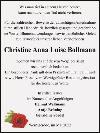 Traueranzeige von Christine Anna Luise Bollmann  von Magdeburger Volksstimme