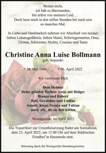 Traueranzeige von Christine Anna Luise Bollmann (geb. Soporski)  von Magdeburger Volksstimme