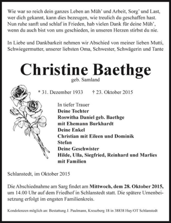 Traueranzeige von Christine Baethge (geb. Samland)  von Magdeburger Volksstimme