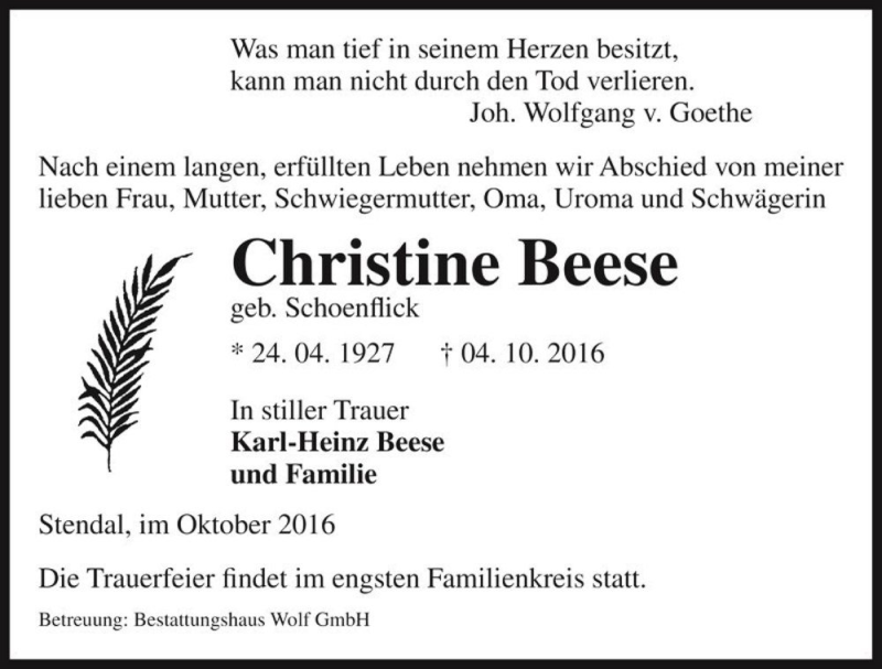  Traueranzeige für Christine Beese (geb. Schoenflick)  vom 08.10.2016 aus Magdeburger Volksstimme