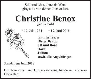 Traueranzeige von Christine Benox (geb. Arnold)  von Magdeburger Volksstimme