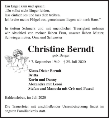 Traueranzeige von Christine Berndt (geb. Berger)  von Magdeburger Volksstimme