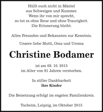 Traueranzeige von Christine Bodamer  von Magdeburger Volksstimme