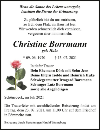 Traueranzeige von Christine Borrmann (geb. Huke)  von Magdeburger Volksstimme
