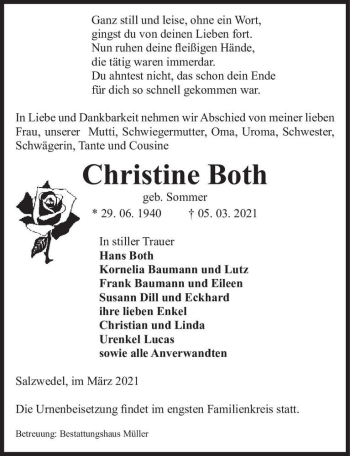 Traueranzeige von Christine Both (geb. Sommer)  von Magdeburger Volksstimme
