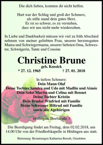 Traueranzeige von Christine Brune (geb. Kossick)  von Magdeburger Volksstimme