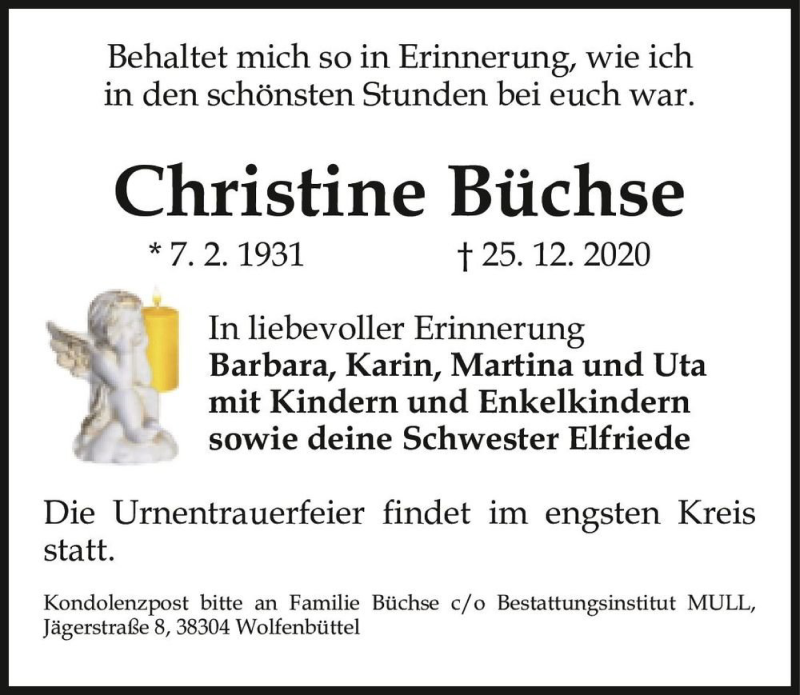  Traueranzeige für Christine Büchse  vom 07.01.2021 aus Magdeburger Volksstimme