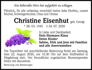 Traueranzeige von Christine Eisenhut (geb. Georgi)  von Magdeburger Volksstimme