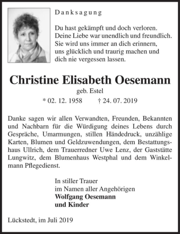 Traueranzeige von Christine Elisabeth Oesemann (geb. Estel)  von Magdeburger Volksstimme