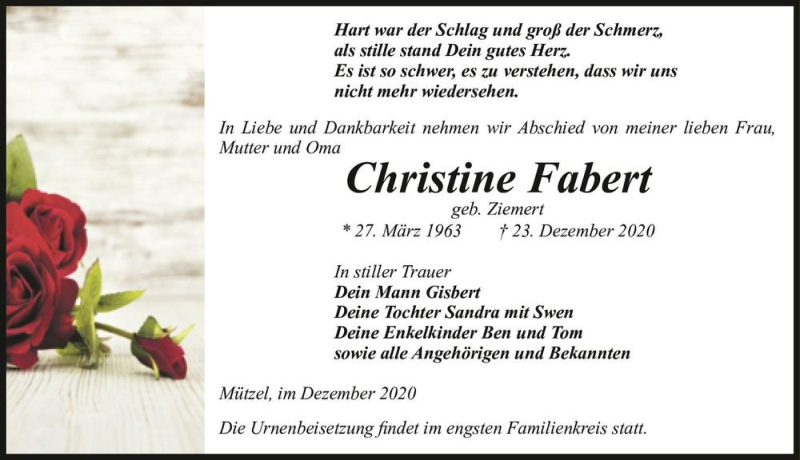  Traueranzeige für Christine Fabert (geb. Ziemert)  vom 02.01.2021 aus Magdeburger Volksstimme