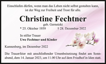 Traueranzeige von Christine Fechtner (geb. Gernetzki)  von Magdeburger Volksstimme