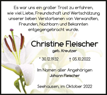 Traueranzeige von Christine Fleischer (geb. Kreutzer)  von Magdeburger Volksstimme