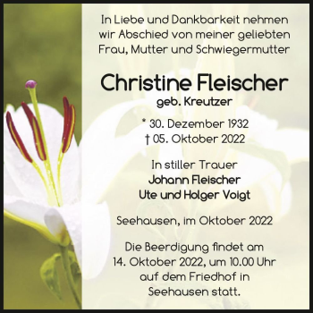 Traueranzeige von Christine Fleischer (geb. Kreutzer)  von Magdeburger Volksstimme