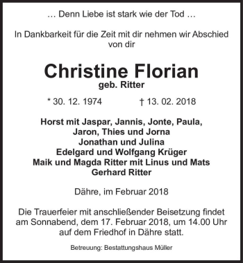 Traueranzeige von Christine Florian (geb. Ritter)  von Magdeburger Volksstimme