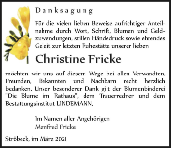 Traueranzeige von Christine Fricke  von Magdeburger Volksstimme