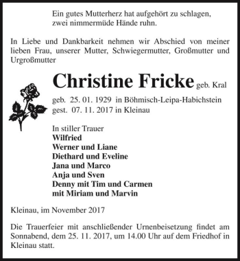 Traueranzeige von Christine Fricke (geb. Kral)  von Magdeburger Volksstimme