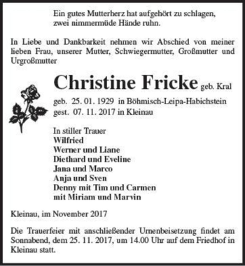 Traueranzeige von Christine Fricke (geb. Kral)  von Magdeburger Volksstimme