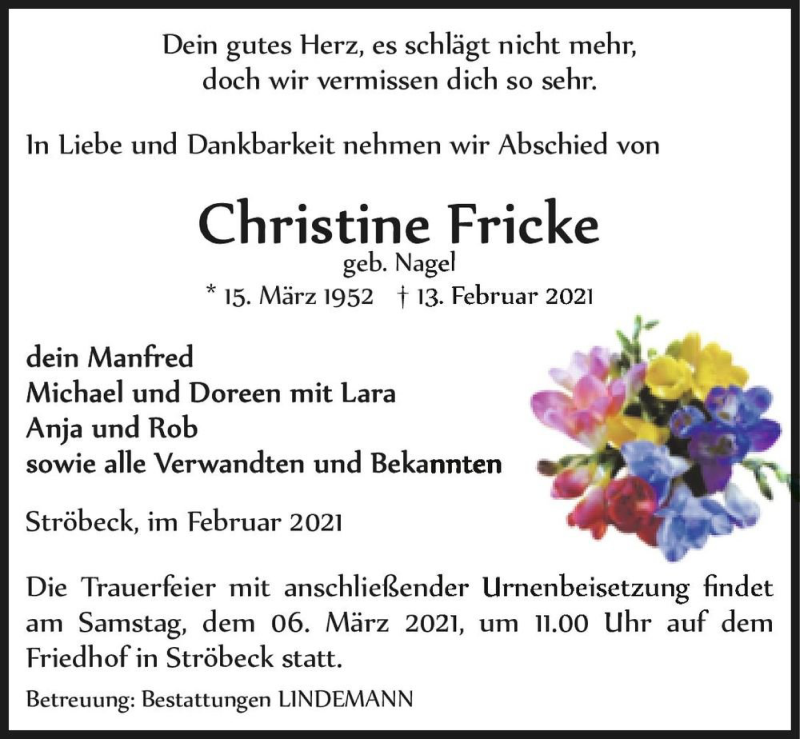  Traueranzeige für Christine Fricke (geb. Nagel)  vom 20.02.2021 aus Magdeburger Volksstimme