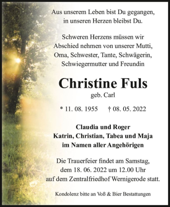 Traueranzeige von Christine Fuls (geb. Carl)  von Magdeburger Volksstimme