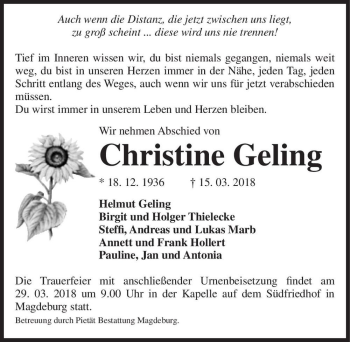 Traueranzeige von Christine Geling  von Magdeburger Volksstimme