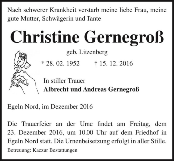 Traueranzeige von Christine Gernegroß (geb. Litzenberg)  von Magdeburger Volksstimme