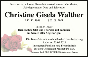 Traueranzeige von Christine Gisela Walther  von Magdeburger Volksstimme