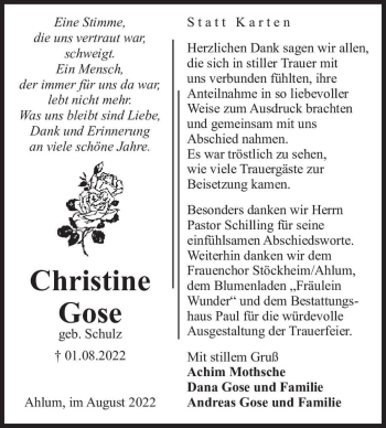 Traueranzeige von Christine Gose (geb. Schulz)  von Magdeburger Volksstimme