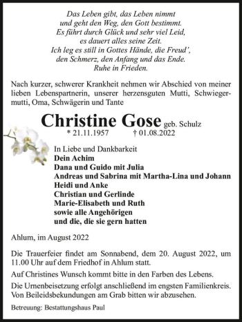 Traueranzeige von Christine Gose (geb. Schulz)  von Magdeburger Volksstimme