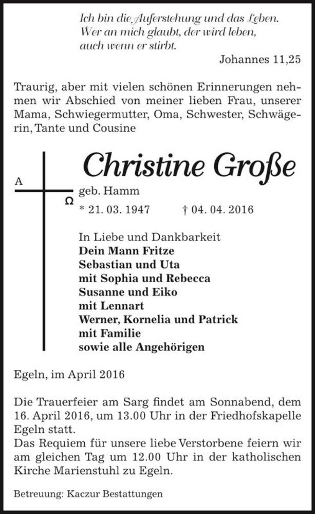  Traueranzeige für Christine Große  vom 09.04.2016 aus Magdeburger Volksstimme