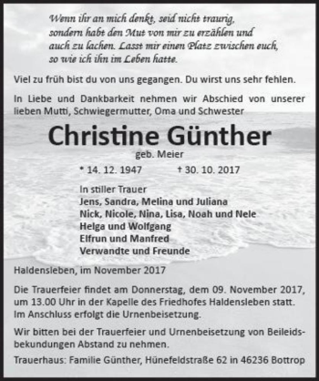 Traueranzeige von Christine Günther (geb. Meier)  von Magdeburger Volksstimme