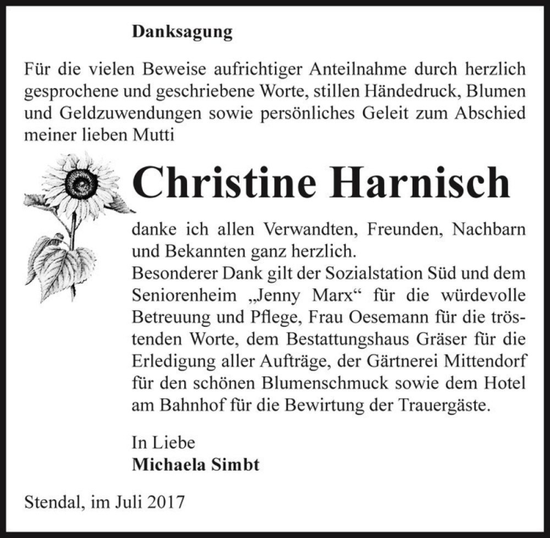  Traueranzeige für Christine Harnisch  vom 29.07.2017 aus Magdeburger Volksstimme
