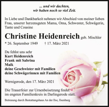 Traueranzeige von Christine Heidenreich (geb. Mischler)  von Magdeburger Volksstimme