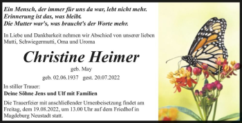 Traueranzeige von Christine Heimer (geb. May)  von Magdeburger Volksstimme