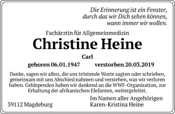 Traueranzeige von Christine Heine  von Magdeburger Volksstimme