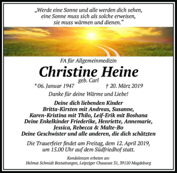 Traueranzeige von Christine Heine (geb. Carl)  von Magdeburger Volksstimme